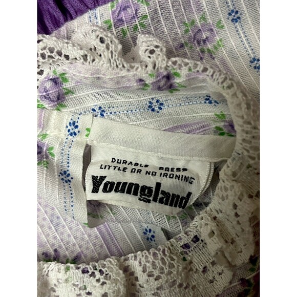 Vintage 60s Youngland Dress 10 Purple Floral Ruffle Mutton Sleeve Union USA Made - Picture 6 of 7